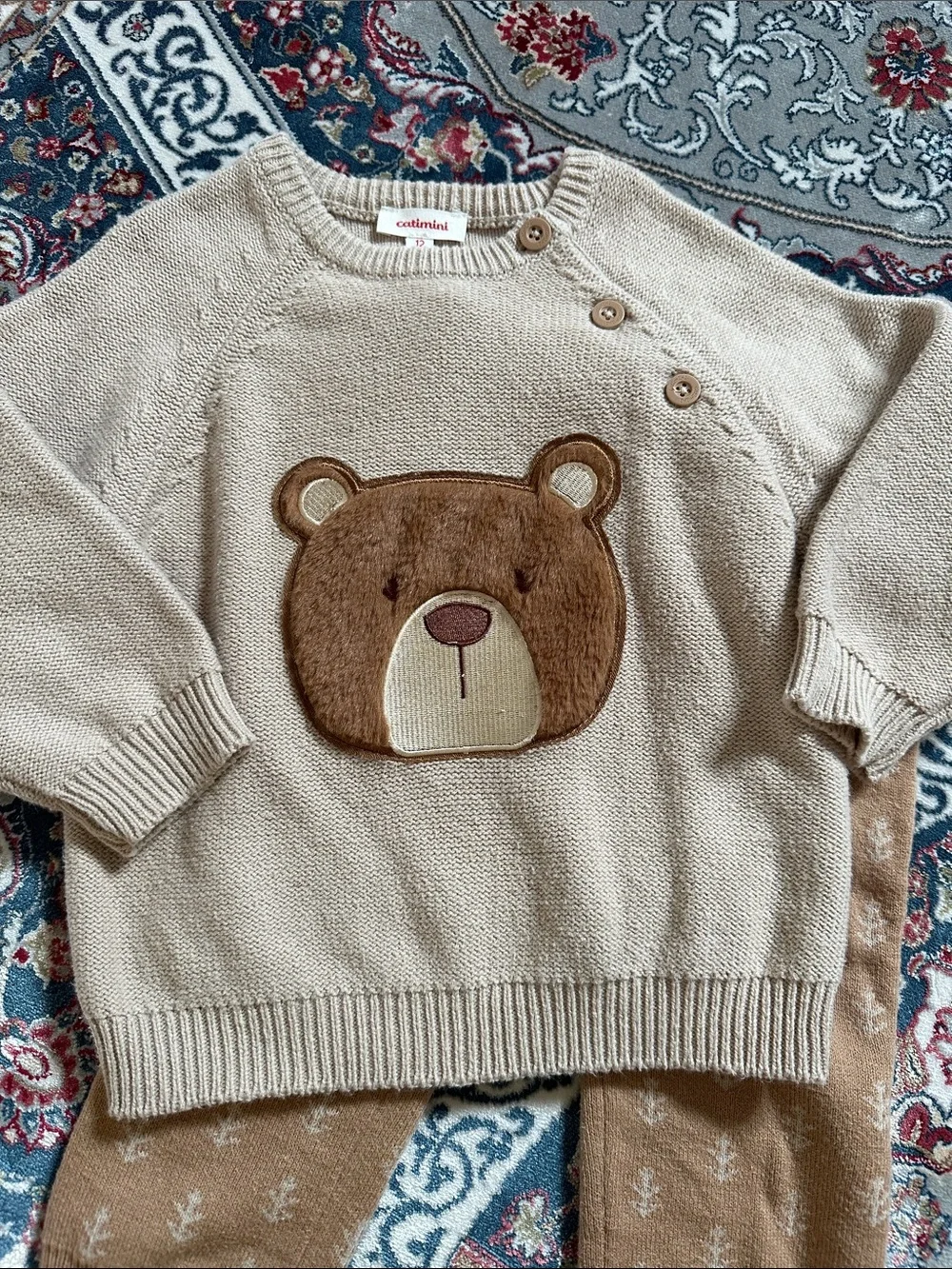 Catimini Beige Knit Baby Pullover with Shoulder Button